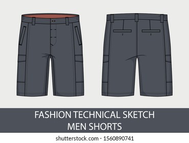 Fashion technical drawing sketch for men shorts in vector graphic