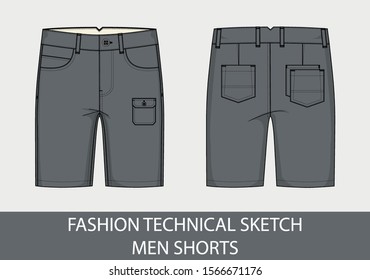 Fashion technical drawing sketch for men shorts in vector graphic