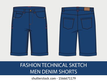 Fashion technical drawing sketch for men denim shorts in vector graphic