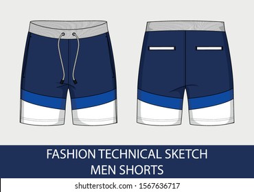 Fashion technical drawing sketch for men shorts in vector graphic