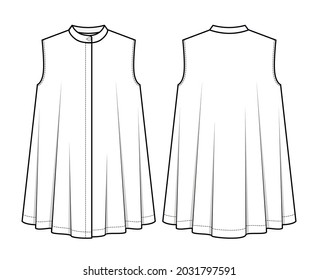 Fashion technical drawing of sleeveless A-line shirt