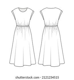 Fashion technical drawing of sleeveless dress with elasticated waist