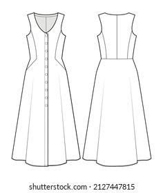 Fashion technical drawing of sleeveless dress with buttons