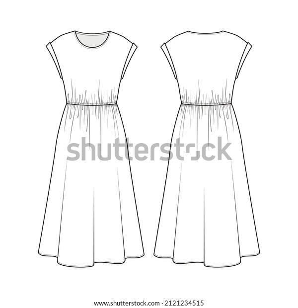 Fashion technical drawing of sleeveless dress with\
elasticated waist