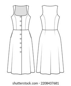 Fashion Technical Drawing Of Sleeveless Front Button Dress With Square Neckline And Flared Skirt 