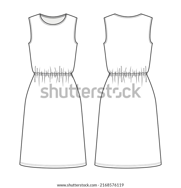 Fashion technical drawing of sleeveless jersey\
dress with an elasticated\
waist