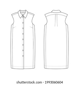 Dibujo técnico de moda del vestido de camisa sobredimensionada sin mangas