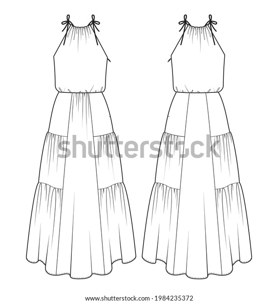 Fashion\
technical drawing of sleeveless tiered\
dress