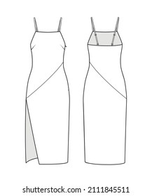 Fashion technical drawing of spaghetti strap high slit dress