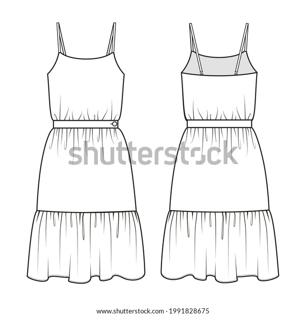 Fashion technical drawing of spaghetti strap dress\
with belt