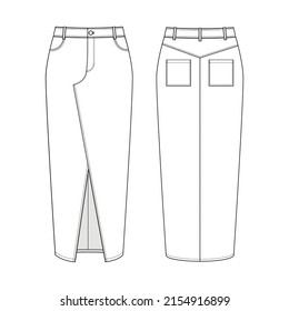 Dibujo técnico de la moda de la falda midi denim delantera dividida