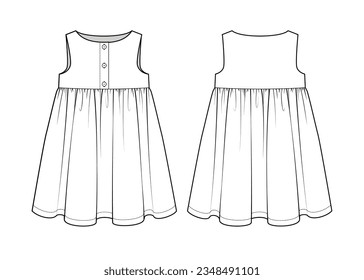 Fashion technical drawing of the sundress for little girls. Fashion flat sketch of A-line silhouette dress for girls.