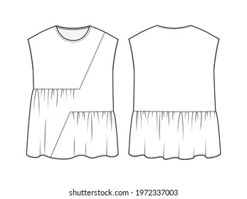 Fashion technical drawing of tiered top. Fashion flat sketch of sleeveless blouse.