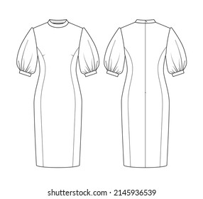 Fashion Technical Drawing Of Turtleneck Dress With Puff Sleeves