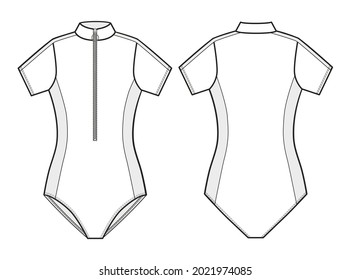 Fashion technical drawing of a wetsuit with sleeves and stand collar