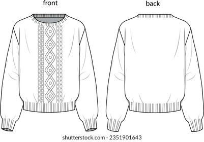 Fashion technical drawing woman vector knit sweater drawing, front body knit, back body straight