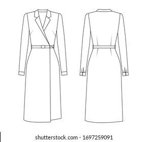 Fashion Technical Drawing Of Wrap Dress With Turn-down Collar