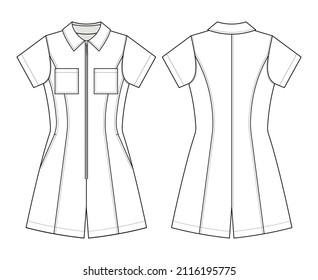 Fashion technical drawing of zipped jumpsuit with collar and short sleeves