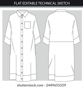 Boceto técnico de moda del vestido del cuello de la manga del cuerpo con el estilo de la camisa. Ilustración vectorial.