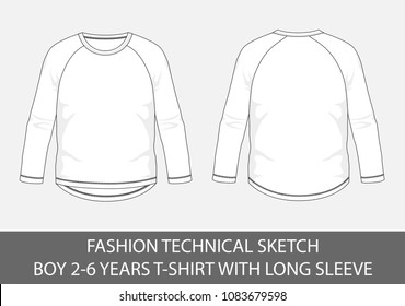 Fashion technical sketch for boy 2-6 years t-shirt with long sleeve in vector graphic