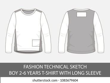 Fashion technical sketch for boy 2-6 years t-shirt with long sleeve in vector graphic