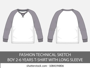 Fashion technical sketch for boy 2-6 years t-shirt with long sleeve in vector graphic