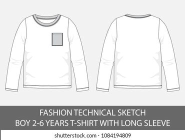 Fashion technical sketch for boy 2-6 years t-shirt with long sleeve in vector graphic