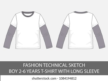 Fashion technical sketch for boy 2-6 years t-shirt with long sleeve in vector graphic