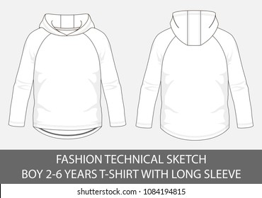 Fashion technical sketch for boy 2-6 years hoody t-shirt with long sleeve in vector graphic