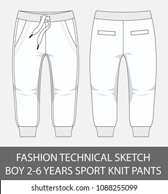 Fashion technical sketch boy 2-6 years sport knit pants in vector graphic