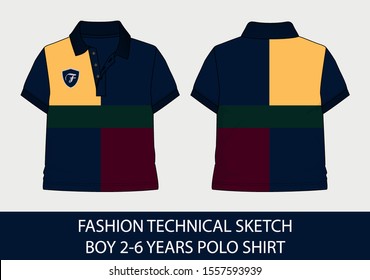 Fashion technical sketch for boy 2-6 years polo shirt in vector graphic