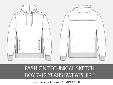 Fashion Technical Sketch Junge 7-12 Jahre Sweatshirt mit Cowl Nec in Vektorgrafik