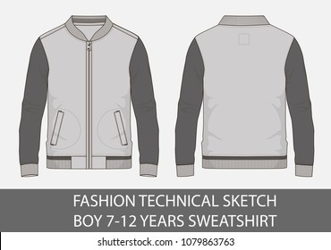 Fashion technical sketch for boy 7-12 years sweatshirt in vector graphic