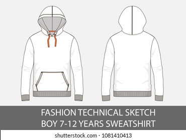 Fashion technical sketch for boy 7-12 years sweatshirt with hood in vector graphic