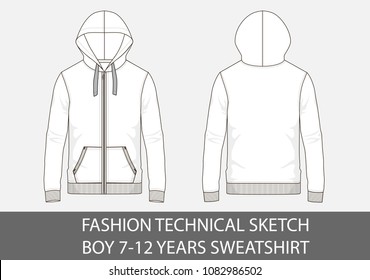 technische Modeskizze für Junge, 7-12 Jahre Sweatshirt mit Kapuze in Vektorgrafik