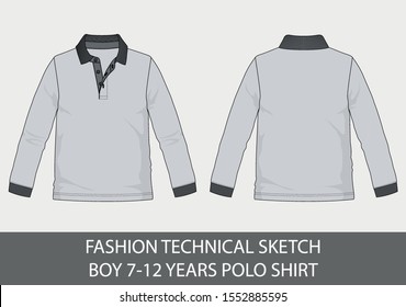 Fashion technical sketch for boy 7-12 years polo shirt in vector graphic