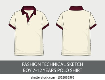 Fashion technical sketch for boy 7-12 years polo shirt in vector graphic