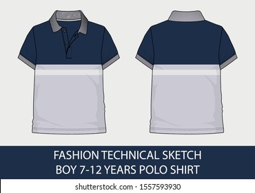 Fashion technical sketch for boy 7-12 years polo shirt in vector graphic