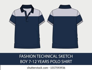 Fashion technical sketch for boy 7-12 years polo shirt in vector graphic