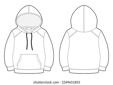 Fashion technical sketch hoodie. CAD mockup template hoody. Drawing kids clothes. Back and front view. Sportswear, casual urban style. Design for packaging, fashion catalog. Vector illustration