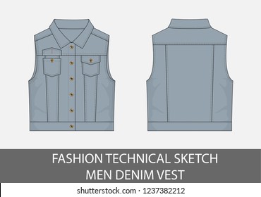 Fashion technical sketch men denim vest in vector graphic