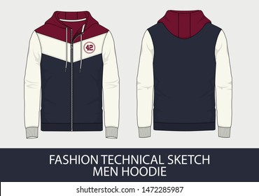 Fashion technical sketch men hoodie in vector graphic