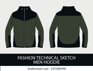 Fashion technical sketch men hoodie in vector graphic