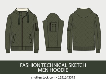 Fashion technical sketch men hoodie in vector graphic