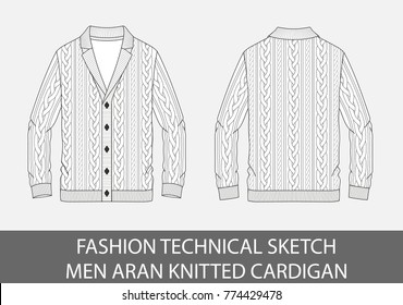 Fashion Technical Sketch Men Knit Aran Single-breasted Cardigan In Vector Graphic