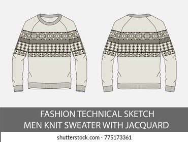 Fashion technical sketch men knit sweater with jacquard in vector graphic