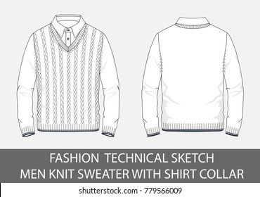 Fashion technical sketch men knit sweater with shirt  collar in vector graphic