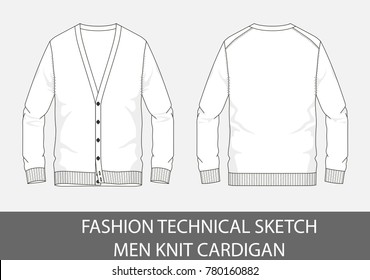 Fashion technical sketch men knit cardigan in vector graphic