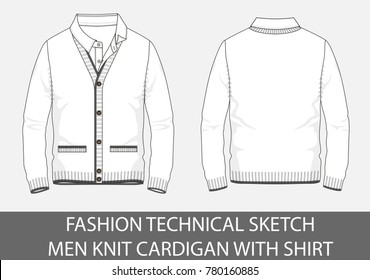 Fashion Technical Sketch Men Knit Cardigan With Shirt In Vector Graphic