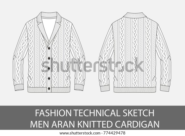Fashion technical sketch men knit aran\
single-breasted cardigan in vector\
graphic